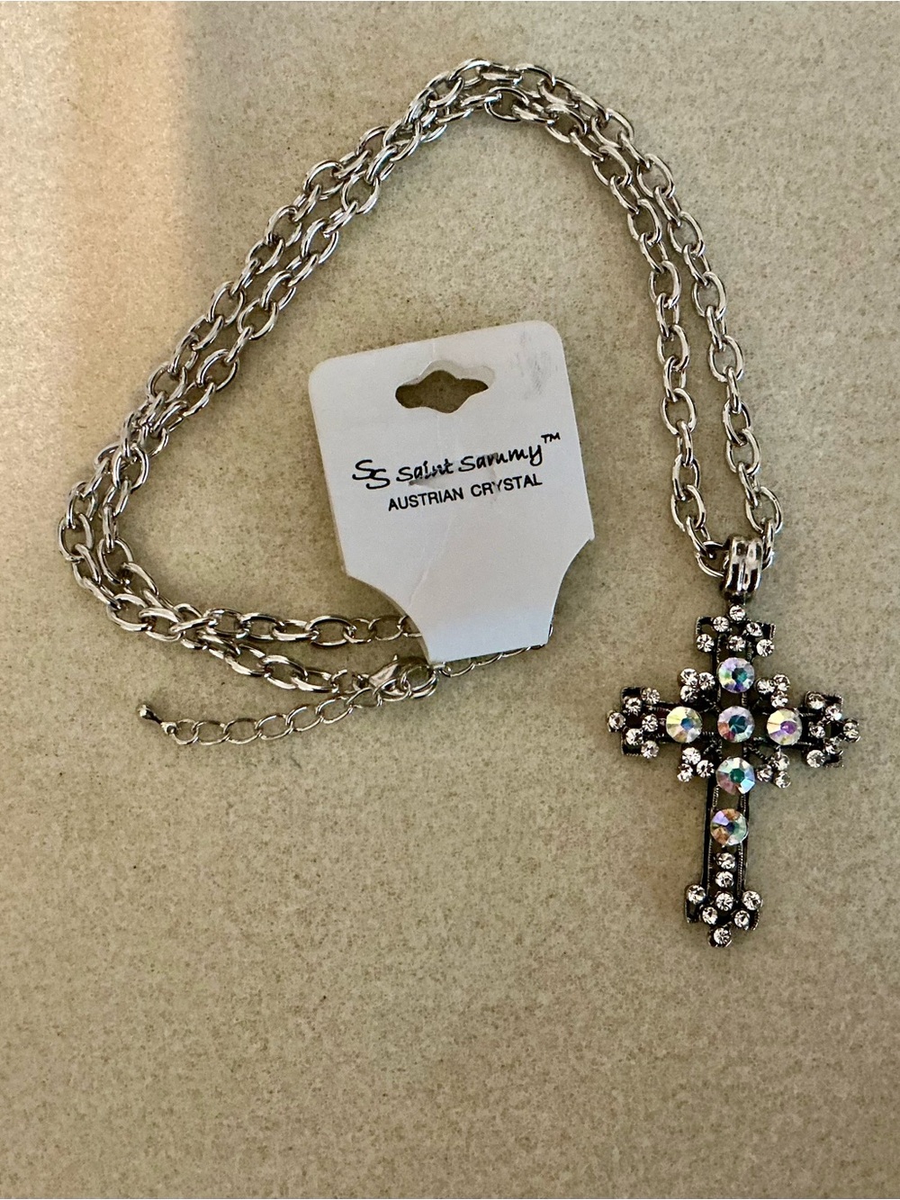 Silver Crystal Cross Pendant Necklace - 24”